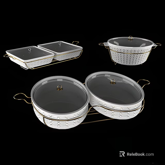 White Ceramic Covered Containers With Gold Accents And Transparent Lids 3d model 