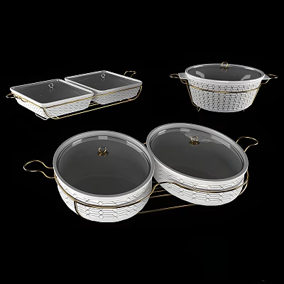 White Ceramic Covered Containers With Gold Accents And Transparent Lids 3d model