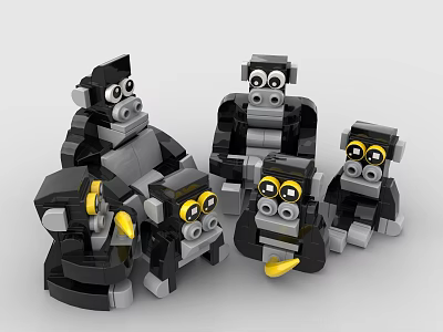Playful Building Block Monkey Figurines with Various Sizes and Black Gray Yellow Details 3d model