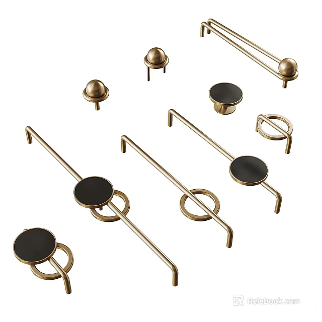 Stylish Brass Cabinet Handles Featuring Black Round Knobs And Modern Bar Designs 3d model 