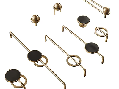 Stylish Brass Cabinet Handles Featuring Black Round Knobs And Modern Bar Designs 3d model