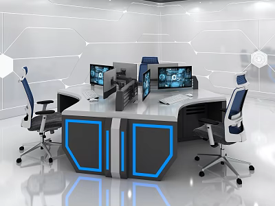 Modern Monitoring Room With Multiple Screens Control Console Ergonomic Chairs Blue Lighting And Geometric Walls 3d model