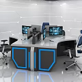 Modern Monitoring Room With Multiple Screens Control Console Ergonomic Chairs Blue Lighting And Geometric Walls