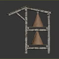 Rustic Wooden Storage Rack with Two-Tiered Shelves Slatted Top Holding Conical Objects