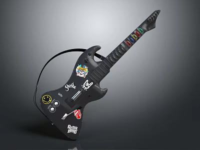Black Electric Guitar Decorated With Colorful Art Supplies Stickers And Creative Patterns 3d model