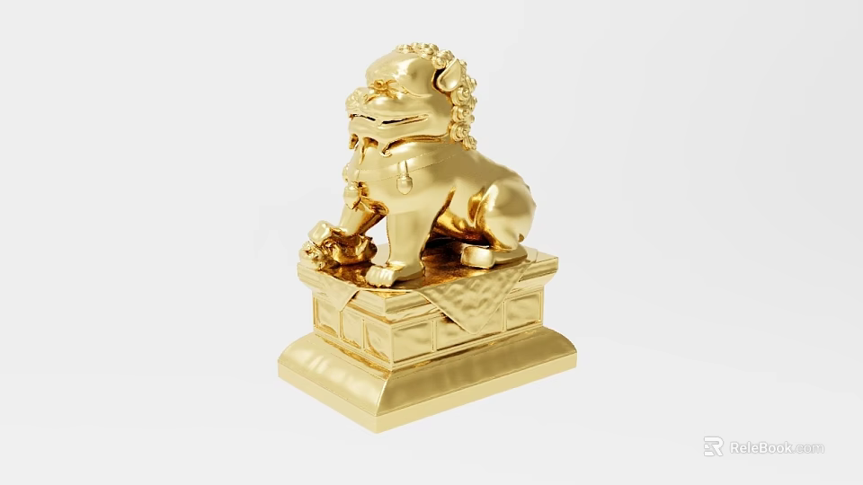 Golden Lion Decorative Ornament Set With Traditional Intricate Carved Design And Base 3d model 