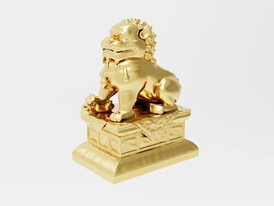 Golden Lion Decorative Ornament Set With Traditional Intricate Carved Design And Base 3d model