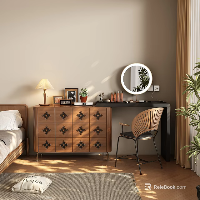 Wooden Dresser With Round Mirror And Cosmetics In Cozy Bedroom Setting With Chair 3d model 