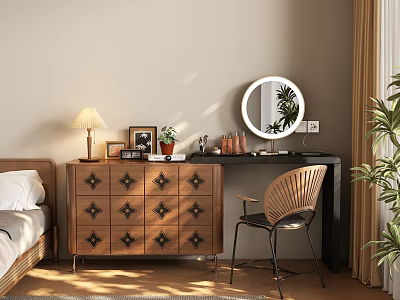 Wooden Dresser With Round Mirror And Cosmetics In Cozy Bedroom Setting With Chair 3d model