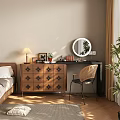 Wooden Dresser With Round Mirror And Cosmetics In Cozy Bedroom Setting With Chair