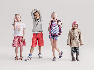 Group Of Kids Posing In Stylish Outfits 3d model