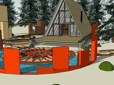 Park Landscape With Triangular Roof Building Circular Red Structure And Water Pool 3d model