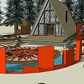Park Landscape With Triangular Roof Building Circular Red Structure And Water Pool 3d model