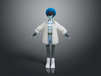 Child In Blue Hat With White Coat Striped Shirt Shorts And White Shoes 3d model