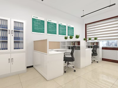 Modern Open Office with White Filing Cabinets Green Notice Boards Desks Chairs Blinds Green Plants 3d model