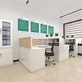 Modern Open Office with White Filing Cabinets Green Notice Boards Desks Chairs Blinds Green Plants