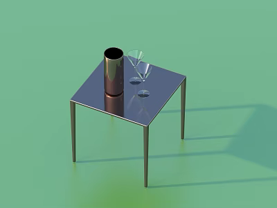 Square Coffee Table With Slim Legs Brass Cup And Wine Glass On Green Background 3d model
