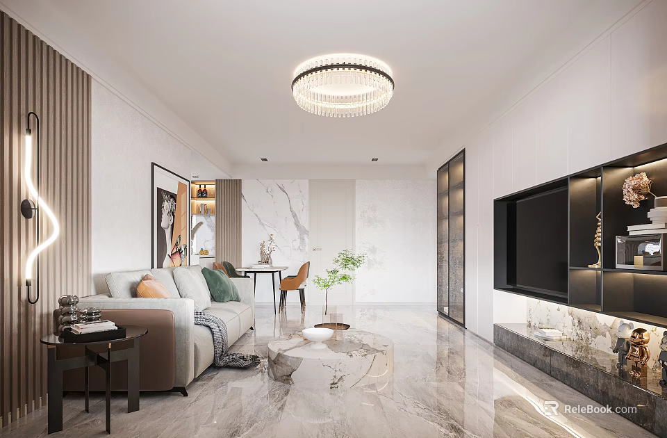Modern Living and Dining Room Interior Design With Sofa Coffee Table TV Wall And Marble Floor 3d model 