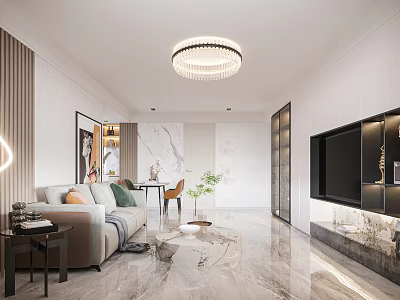Modern Living and Dining Room Interior Design With Sofa Coffee Table TV Wall And Marble Floor 3d model