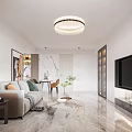 Modern Living and Dining Room Interior Design With Sofa Coffee Table TV Wall And Marble Floor