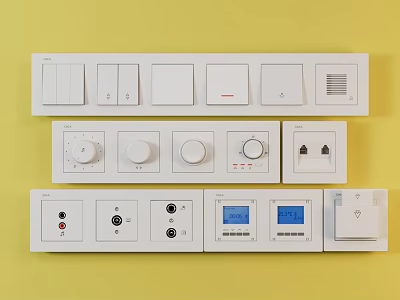 White Switch Panels With Various Types Buttons Knobs And Digital Displays On Yellow Background 3d model