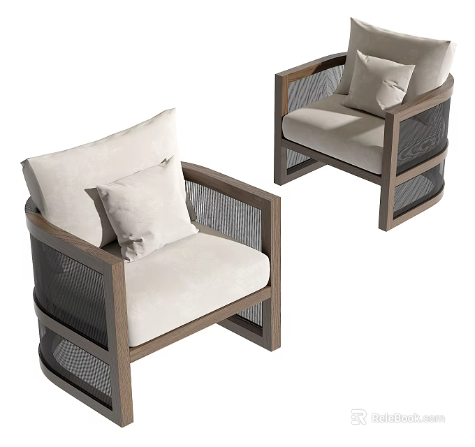 Modern Accent Chair With Wooden Frame Light Beige Cushions And Woven Mesh Design 3d model 