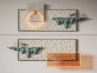 Modern Wall Decor with Geometric Shapes Green Sculptures and Animal Figurines on Brick Pattern Background 3d model