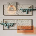 Modern Wall Decor with Geometric Shapes Green Sculptures and Animal Figurines on Brick Pattern Background