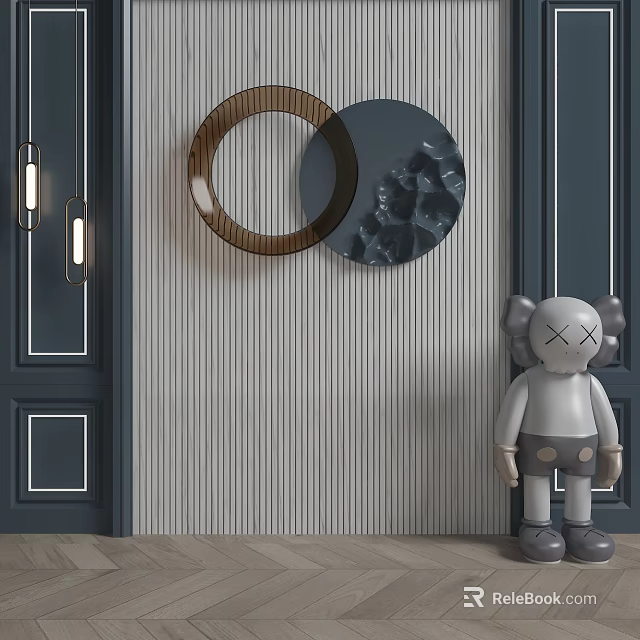 Stylish Striped Background Wall With Circular Wooden Textured Decorations And Dark Door Frames 3d model 