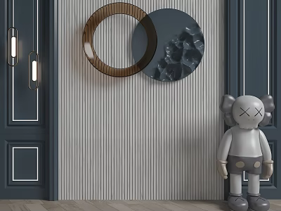 Stylish Striped Background Wall With Circular Wooden Textured Decorations And Dark Door Frames 3d model