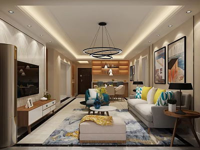 Modern Living Dining Room Interior Design With Chandelier Sofa Coffee Table Dining Set Decorative Paintings 3d model