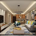 Modern Living Dining Room Interior Design With Chandelier Sofa Coffee Table Dining Set Decorative Paintings