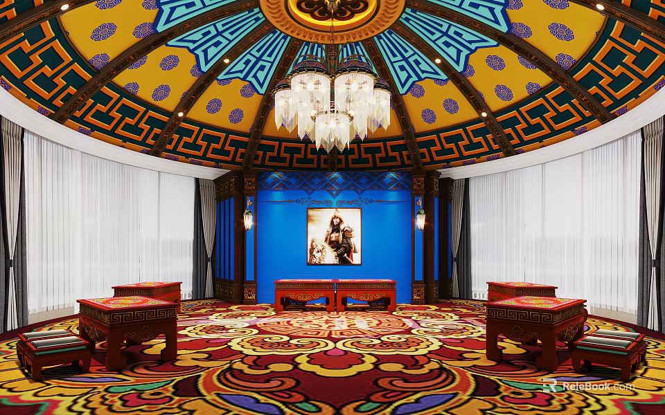 Traditional Interior With Ornate Dome Crystal Chandelier Blue Walls Painting Red Furniture And Colorful Carpet 3d model 