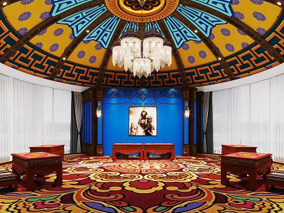 Traditional Interior With Ornate Dome Crystal Chandelier Blue Walls Painting Red Furniture And Colorful Carpet 3d model