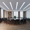 Modern Conference Room With Round Table Black Chairs Wooden Floor Large Windows And Linear Lights