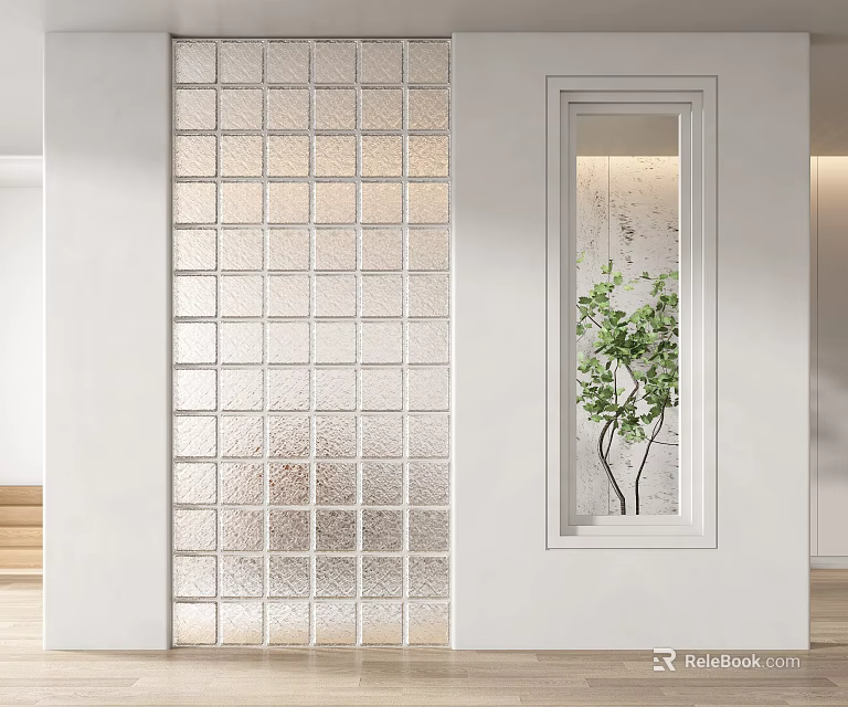Modern Interior Glass Block Partition With White Frame And Green Plant 3d model 