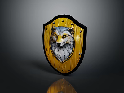Detailed Yellow Wooden Shield Featuring Fox Head Design And Metal Rivets 3d model
