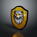 Detailed Yellow Wooden Shield Featuring Fox Head Design And Metal Rivets