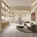 Relaxing Beauty Hair Salon Interior With Curved Bench Palm Trees And Circular Light Glow