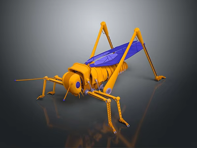 Yellow Mechanical Insect Model With Blue Wings And Metal Structure For Home Decor 3d model