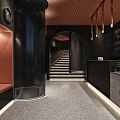 Modern Restaurant Interior With Black Ceiling Large Windows Brown Seats And Green Plants