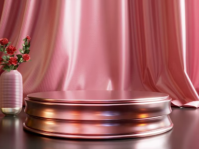 Rose Gold Circular Display Stand with Pink Vase Red Flowers and Pink Silk Curtain 3d model