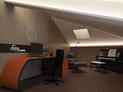 Modern Workspace Interior With Curved Orange Desk Black Chair Piano And Wall Logo 3d model