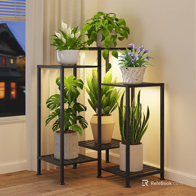 Living Room Interior Design With Multi tiered Metal Plant Stand And Assorted Green Plants 3d model 