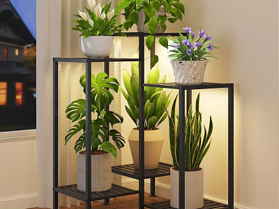 Living Room Interior Design With Multi tiered Metal Plant Stand And Assorted Green Plants 3d model
