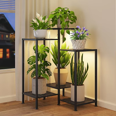 Living Room Interior Design With Multi tiered Metal Plant Stand And Assorted Green Plants 3d model