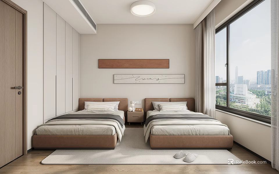 Modern Twin Bedroom Interior With White Wardrobes Large Window And Decorative Wall Art 3d model 