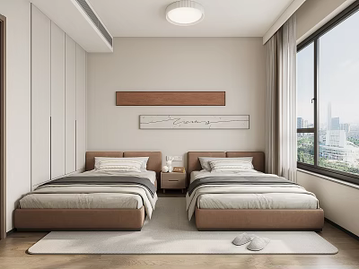 Modern Twin Bedroom Interior With White Wardrobes Large Window And Decorative Wall Art 3d model