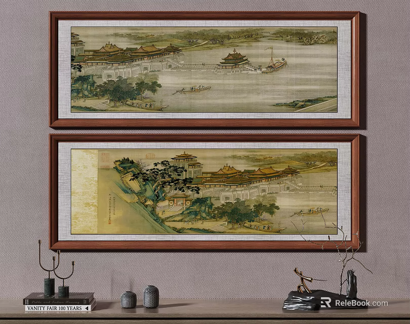 Chinese Traditional Landscape Paintings with Ancient Architecture Trees Water and Framed Wall Art 3d model 