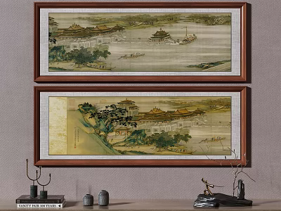 Chinese Traditional Landscape Paintings with Ancient Architecture Trees Water and Framed Wall Art 3d model